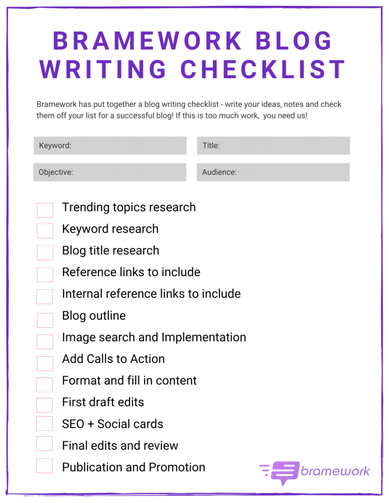Bramework Blog Writing Checklist for the best blog post workflow. How do you structure a good blog?