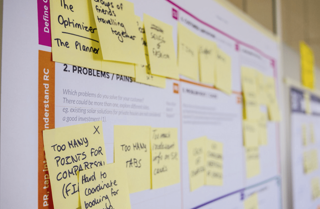 Build a blog workflow for successful content with yellow post it notes on the whiteboard.