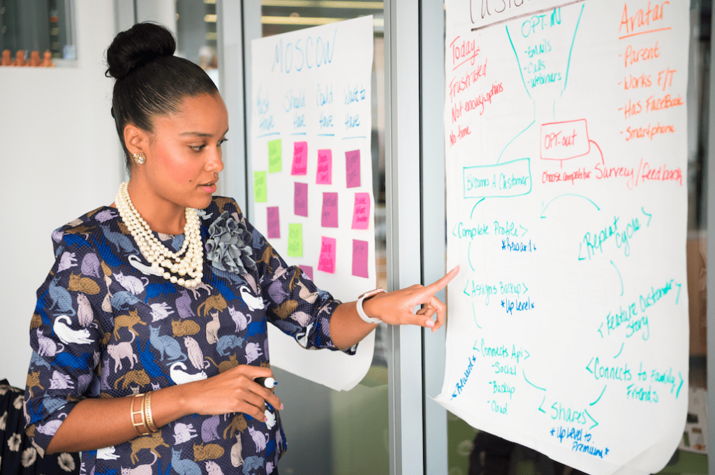 Black Lady giving presentation on the white board. What is Editorial Content Strategy and Why do You Need it