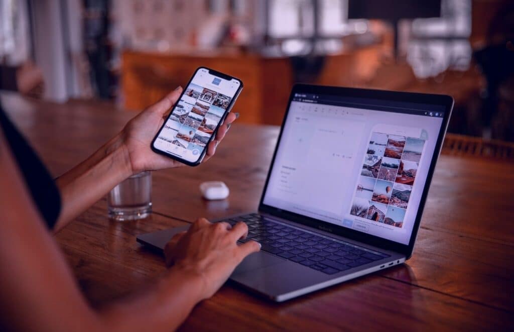How to Optimize Your Blog Post for SEO with photos with lady on computer going through pictures. Keep reading to get the best blogging tools for beginners, bloggers and content creators.