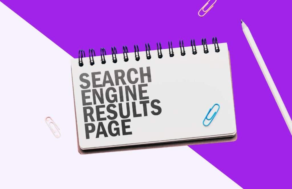 A half purple and pink background with a spiral of index cards reading "search engine results page" and a pencil and paper clips. Learn more about conversion rate optimization for your blog.