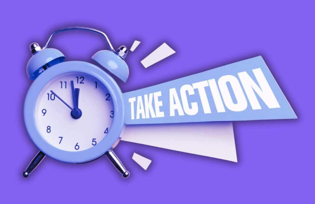 An light blue alarm clock against a purple back drop with the words "take action" coming out from the right side as an alarm. Learn more about conversion rate optimization for your blog.