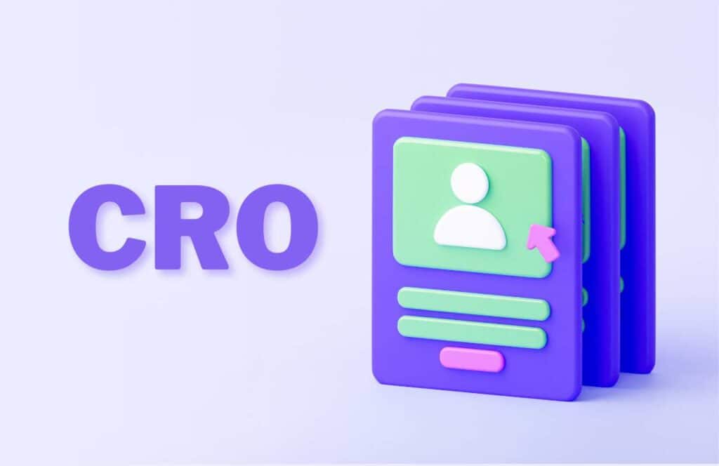 The letters "CRO" in purple on the left with a pink arrow pointing to the one of three forms signifying a click from the user.  Learn more about conversion rate optimization for your blog.