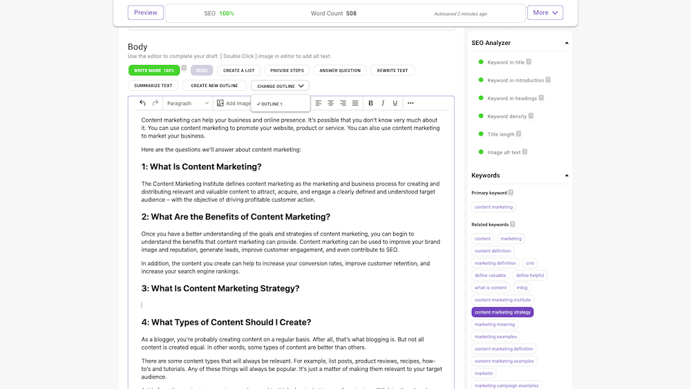 Bramework AI content body helping with headings and subheadings of blog post. Blog heading format.