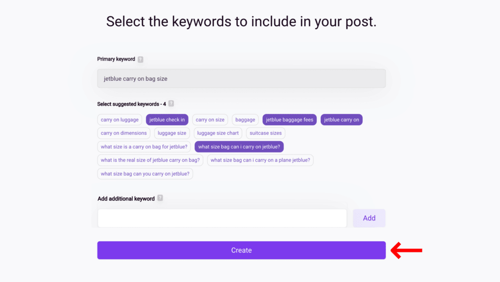 11th Step_ Select CREATE for keywords. Bramework AI Content Generator.