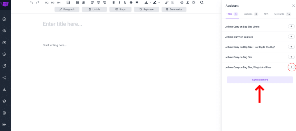 15th Step_ Hit the plus button to add the Title to your post or select GENERATE MORE