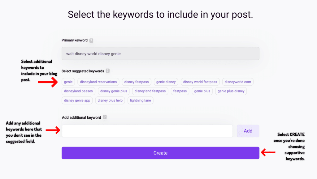 9th Step_ Choose five additional relevant keywords for your blog post. You can use the blank field to add any keywords that you may not see as an option and hit CREATE