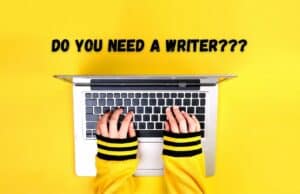 Do You Need a Website Content Writer written on yellow background with person typing on computer