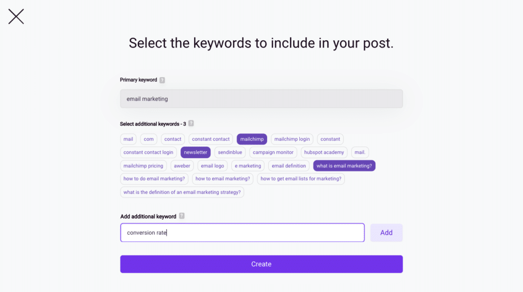 Bramework keyword selection page