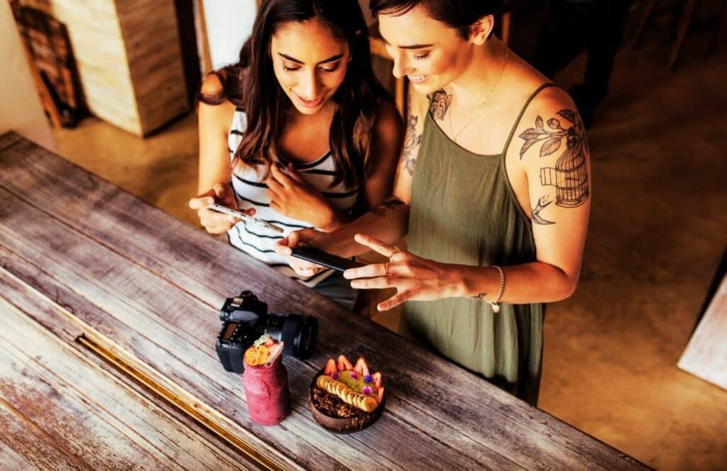 Lady Food Bloggers Taking photo of dessert dish for blog post. Keep reading to know How Much to Charge for a Blog Post