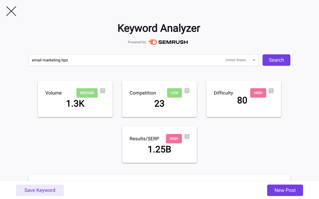 Keyword Analyzer showing search results for "email marketing tips" with high search volume and low competition