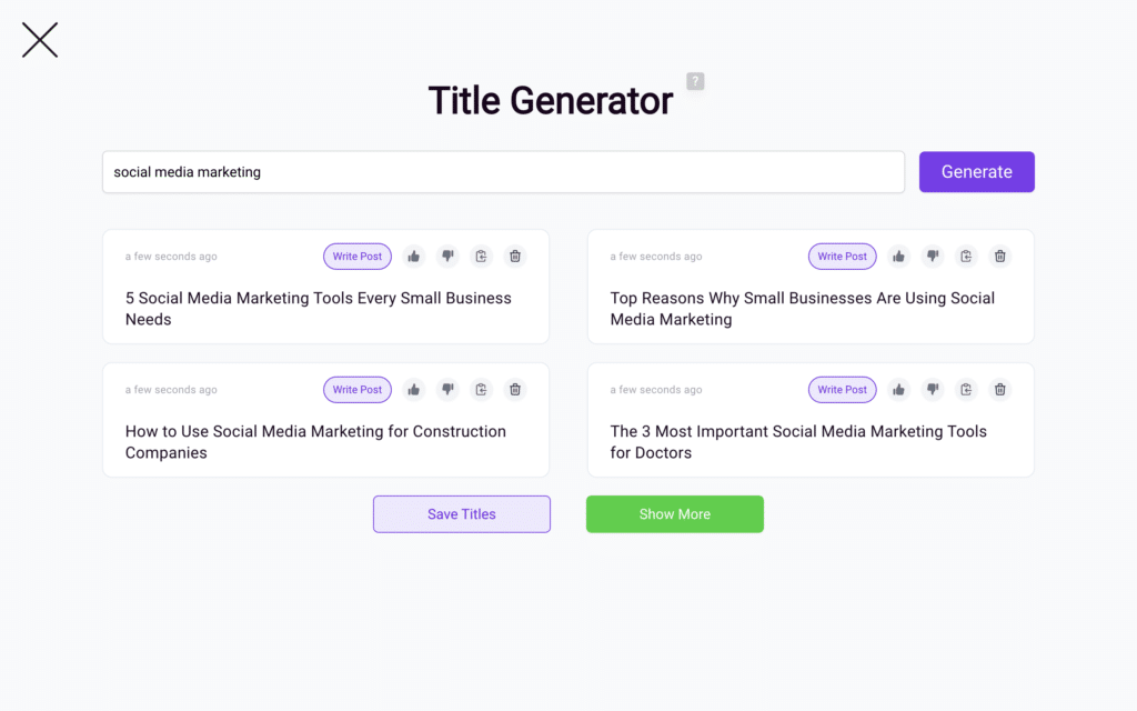 Title generator showing title options for the term "social media marketing" 
