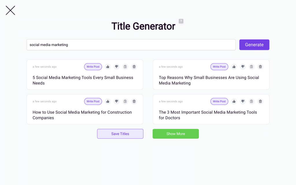 Title generator showing title options for the term "social media marketing"