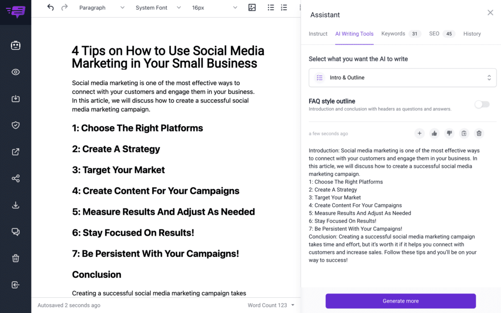 Bramework screenshot showing an outline generated for the blog title: 4 tips on how to use social media marketing in your small business