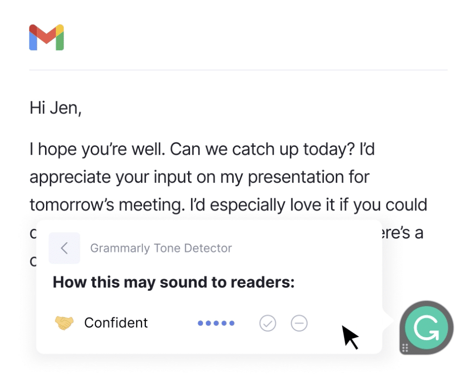Grammarly app showing an edit of a written email to improve readability