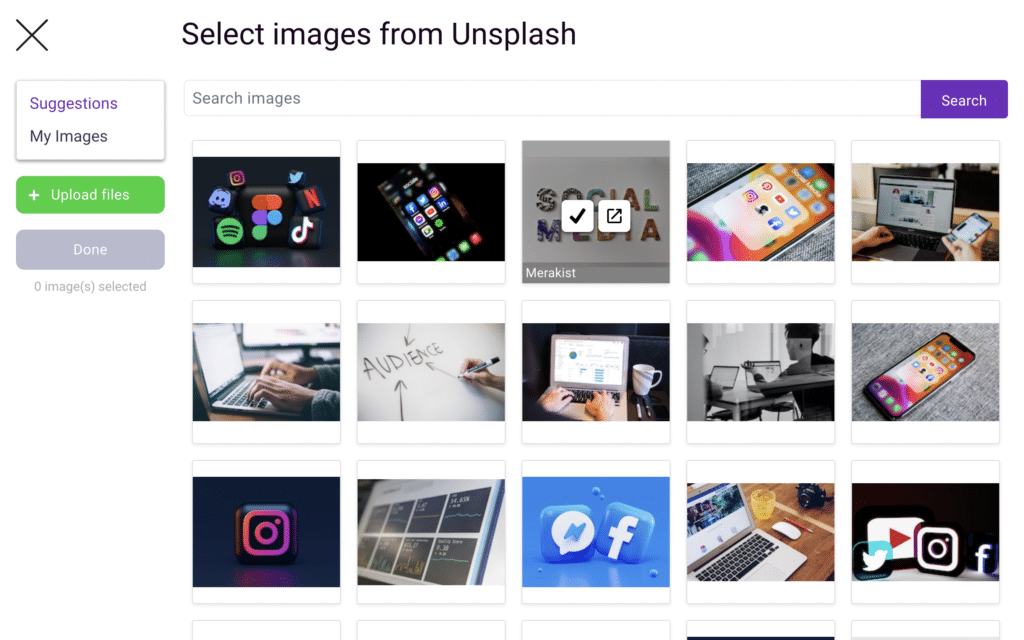 Screenshot of Bramework app selecting an image for "social media" in Unsplash