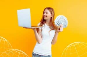 Lady Blogger on Laptop with Cashing learning how to make money blogging right away!
