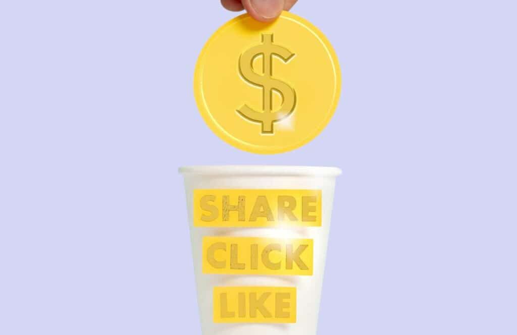 A coin being dropped in a cup that reads "Share. Click. Like." If you ever wondered "What's the point of blogging?" click here to read more. 