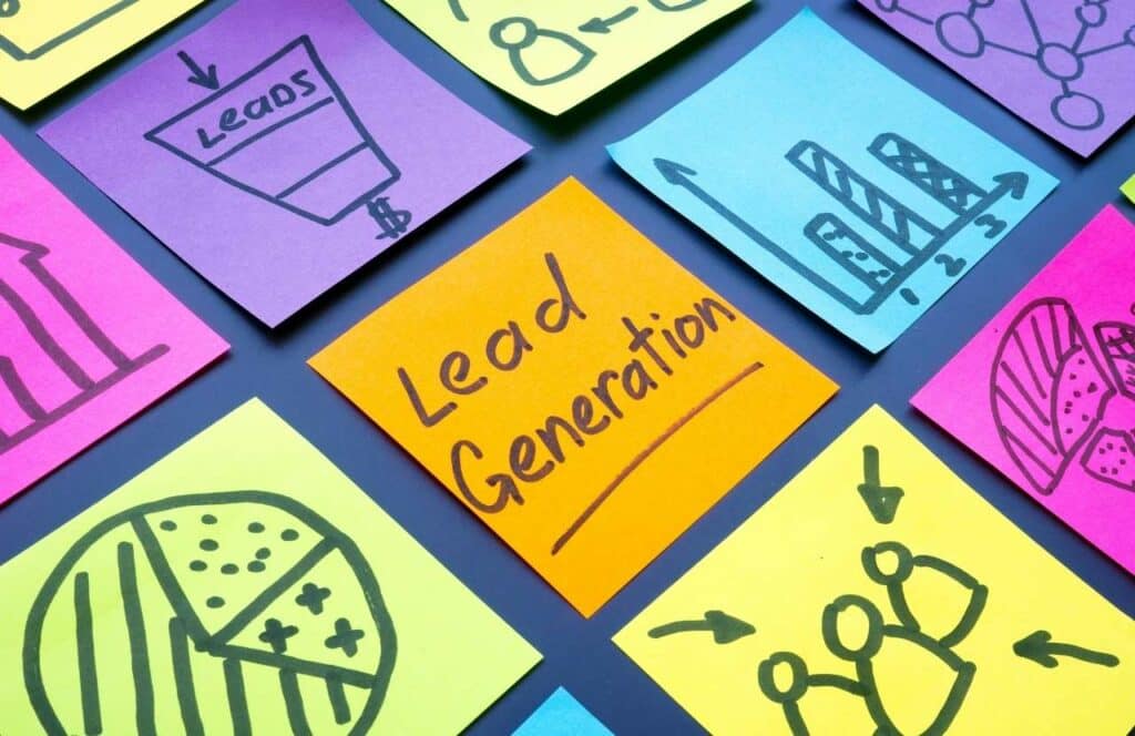 Various bright colored sticky notes with the words "lead generation" on as the one front and center with others showing diagrams related to funnels and customer acquisition. Keep reading to learn more about how you can increase website conversions. 