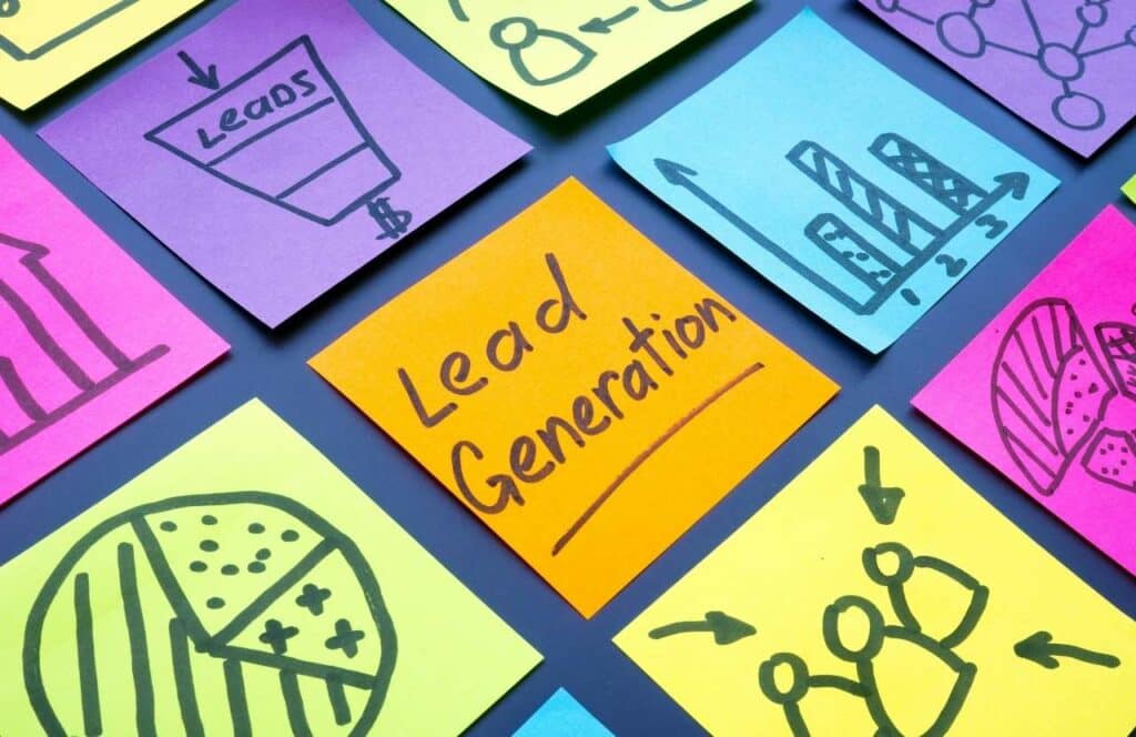 Various bright colored sticky notes with the words "lead generation" on as the one front and center with others showing diagrams related to funnels and customer acquisition. Keep reading to learn more about how you can increase website conversions.