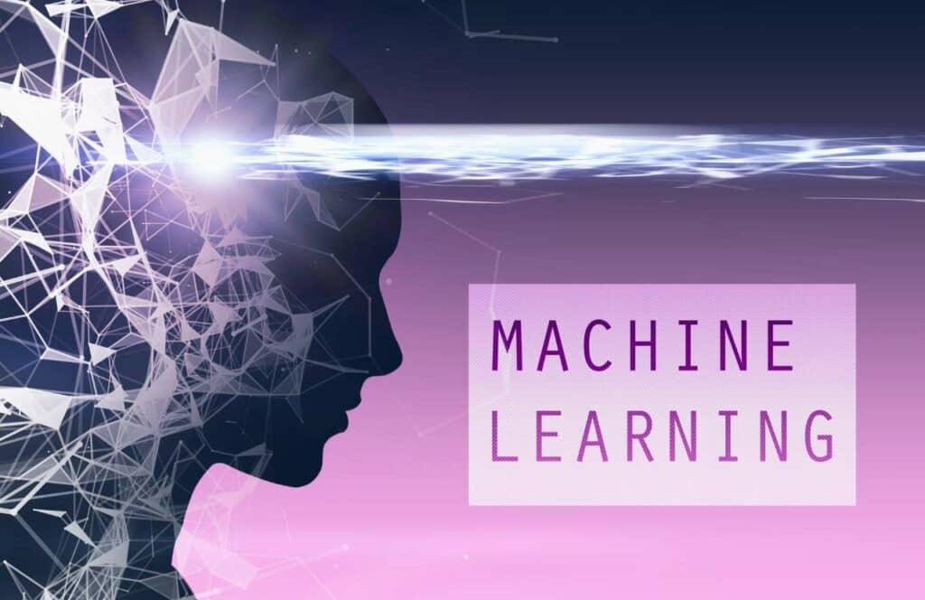 A face on the left facing the words "machine learning"