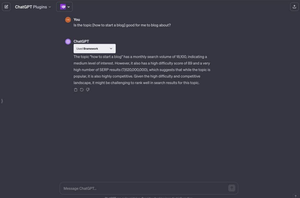 bramework chatgpt plugin check keyword volume, difficulty and serp results