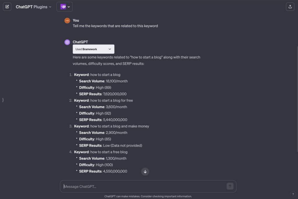 bramework chatgpt plugin check related keywords volume, difficulty and serp results
