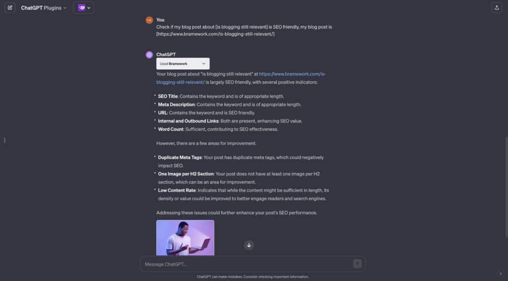 bramework chatgpt plugin check seo using url and the keyword