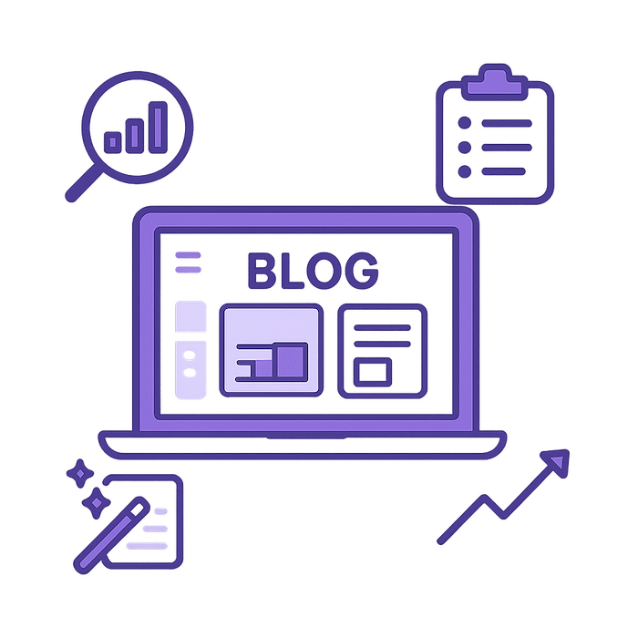 lat vector artwork featuring a central laptop surrounded by icons representing research, outlining, AI writing, and performance tracking, styled in Bramework’s purple theme.