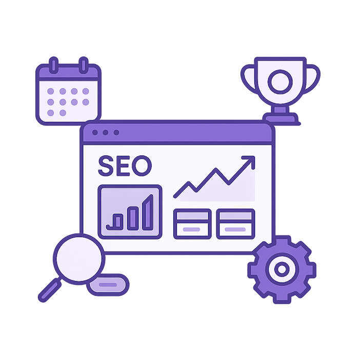 Clean SEO dashboard vector with graphs and analytics, paired with icons for keyword research, optimization, and content performance, using a purple-accented color scheme.