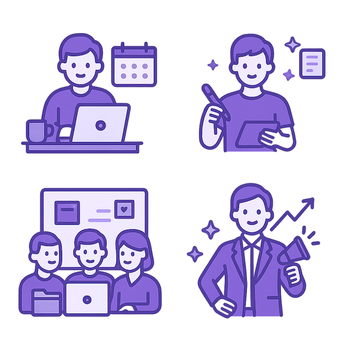 Vector grid illustration showing four types of Bramework users—blogger, freelancer, agency team, and entrepreneur—each represented with a unique icon and scenario.