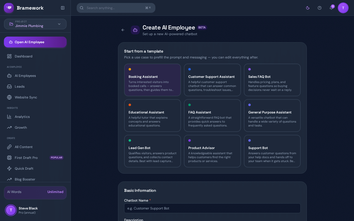 Select the Booking Assistant template